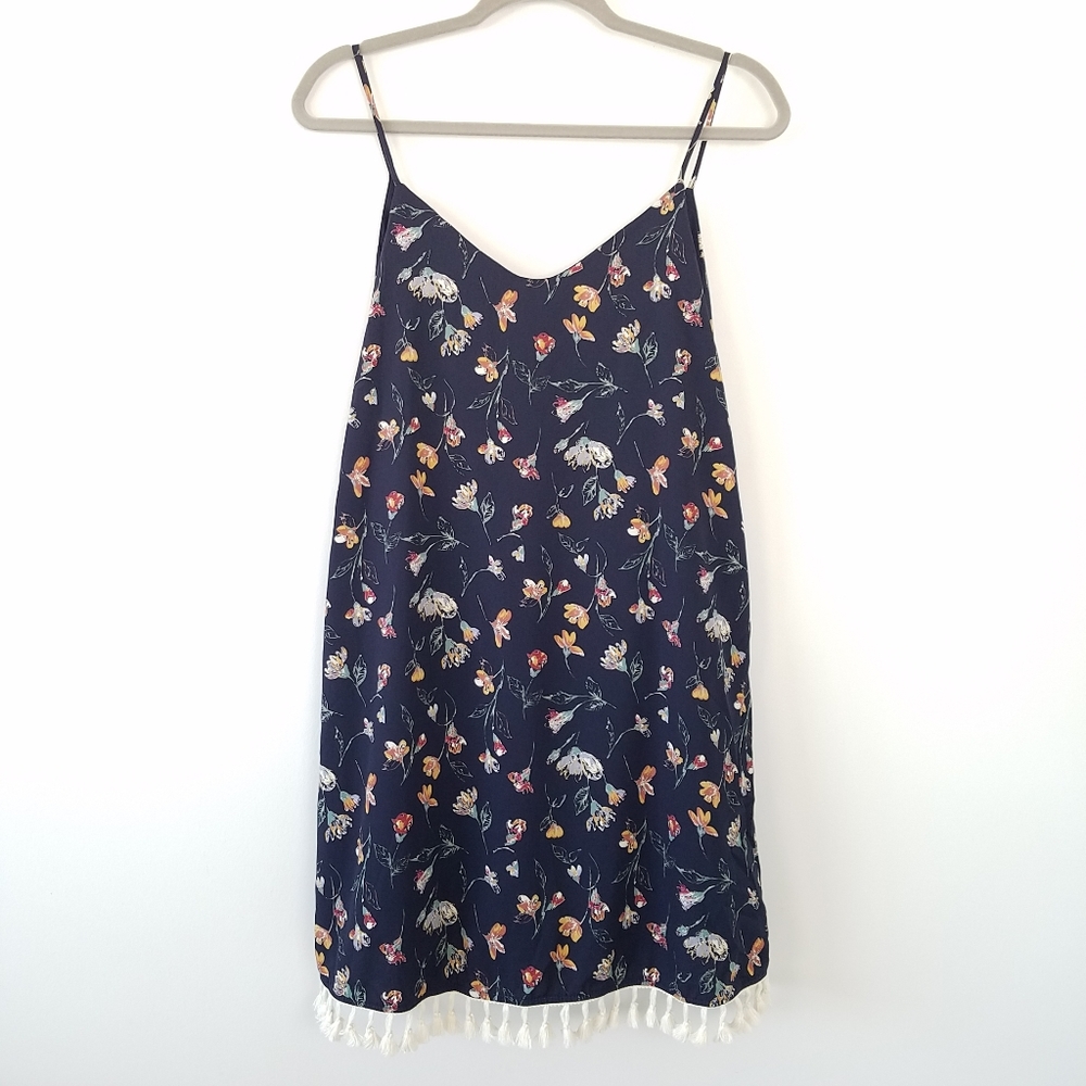 Mod Ref Sleeveless Tassel Trim Navy Floral Dress, M